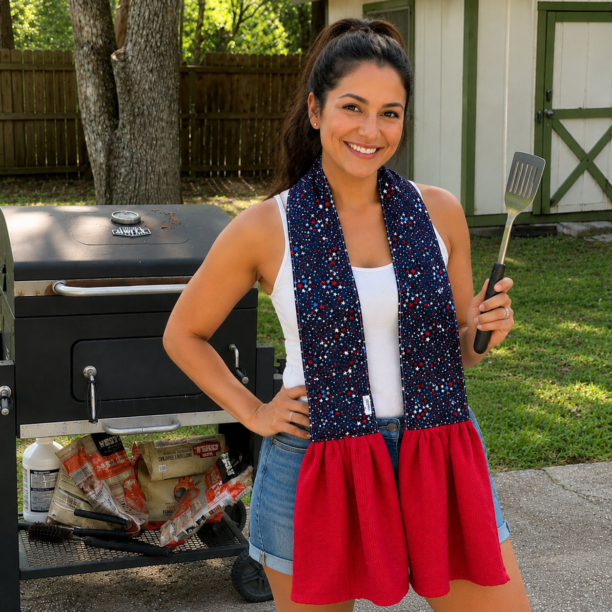 Woman holding a spatula in front of a barbecue grill
