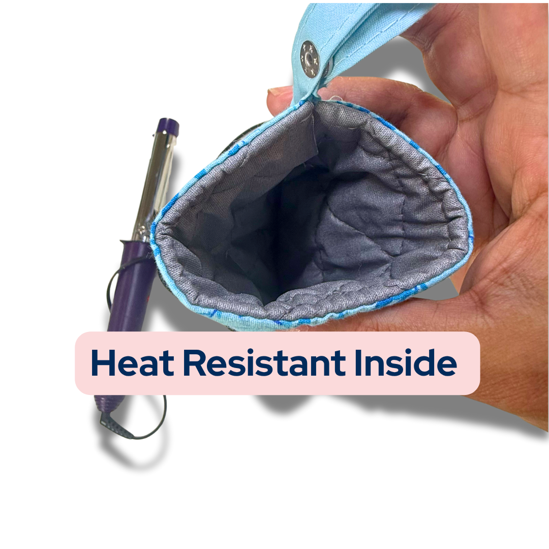 Hand holding a small pouch with a hair straightener inside, labeled 'Heat Resistant Inside'.