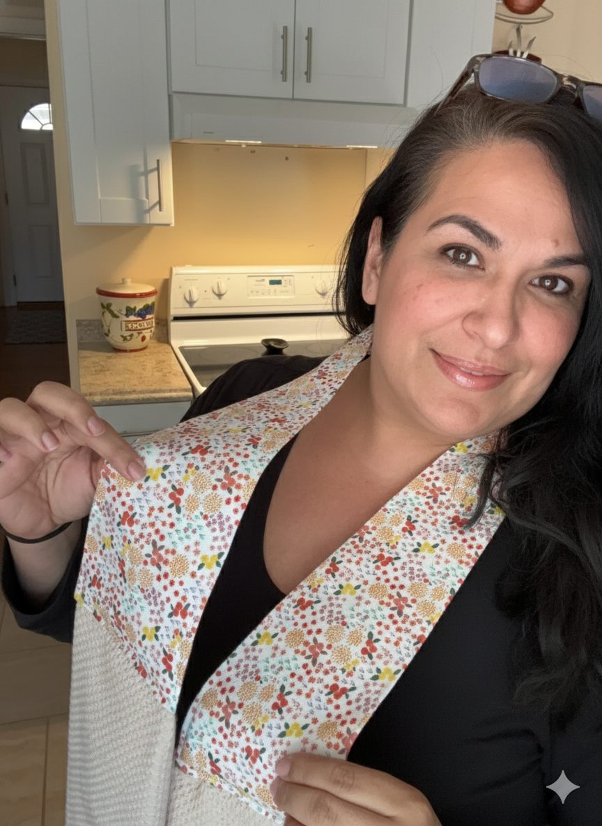 Woman holding a floral-patterned cloth in a kitchen