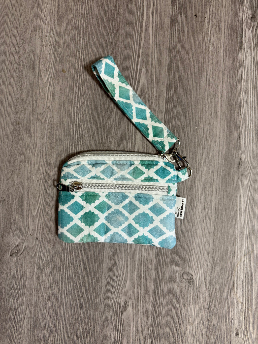 Green and White Double Zipper Wristlet Wallet
