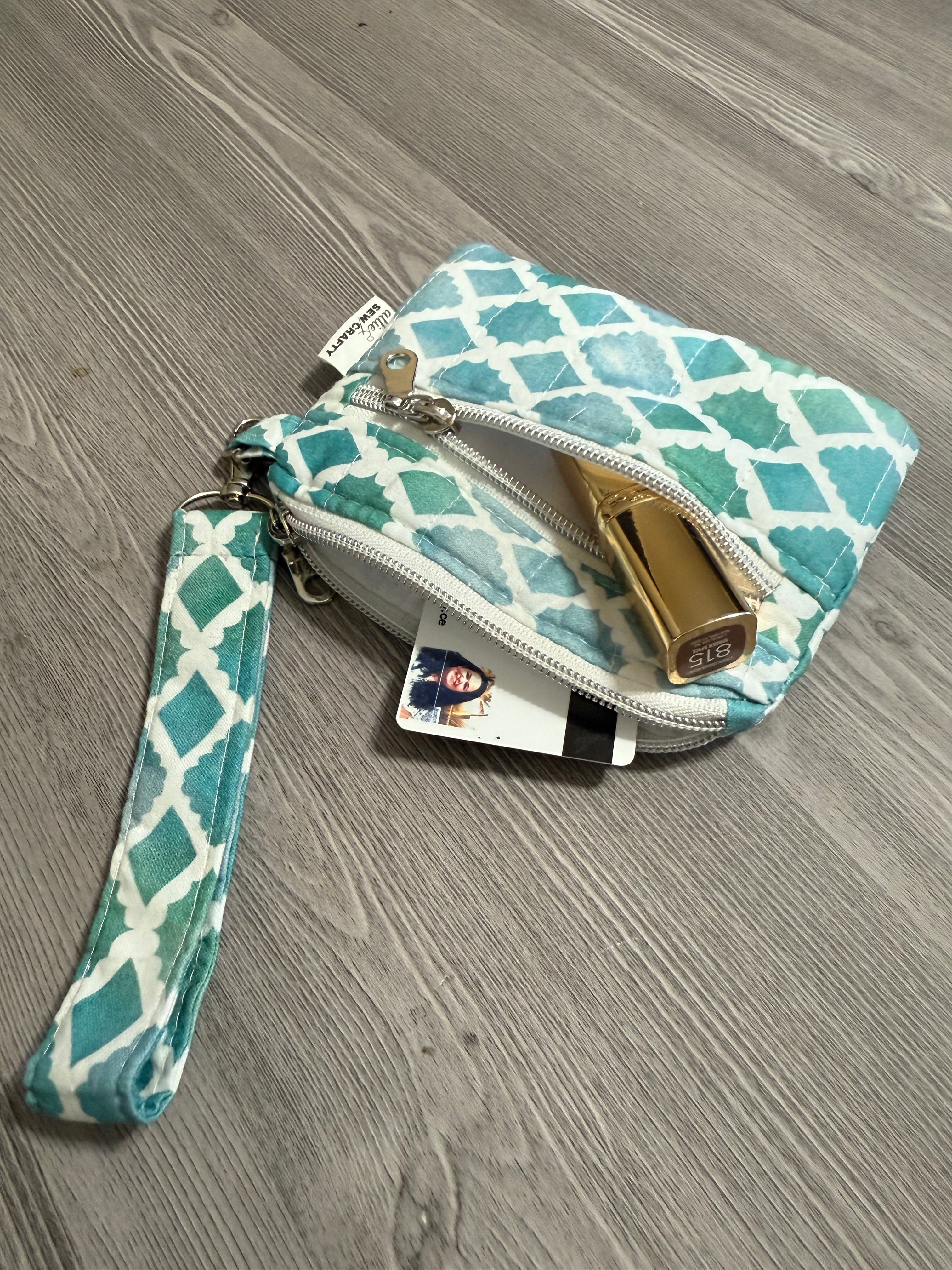 Green and White Double Zipper Wristlet Wallet