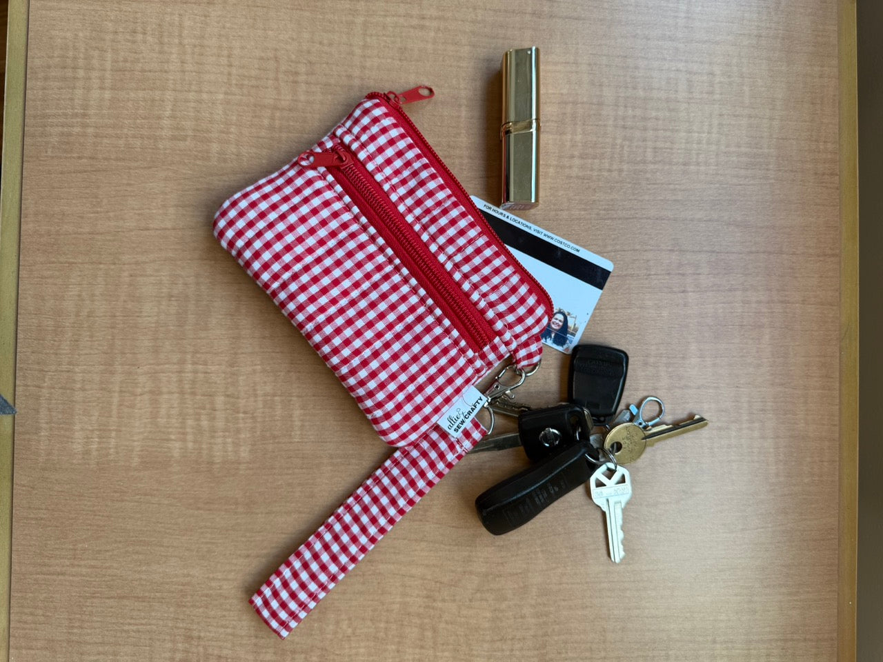 Double Zipper Wristlet Wallet Red Gingham