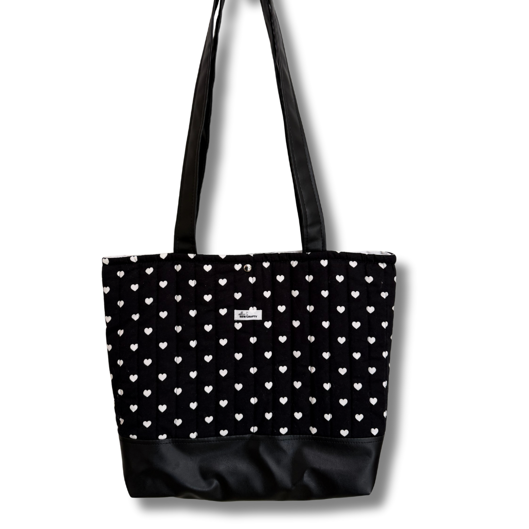 Black & White Quilted Tote | Minimalist Love Pattern Shoulder Bag | Everyday Carry
