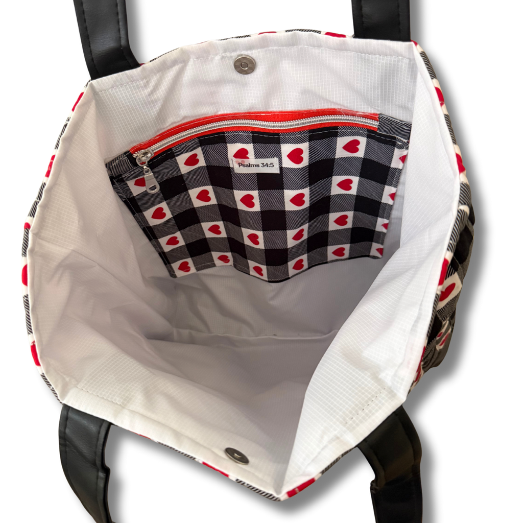 Buffalo Plaid & Red Heart Quilted Tote | Faux Leather Bottom