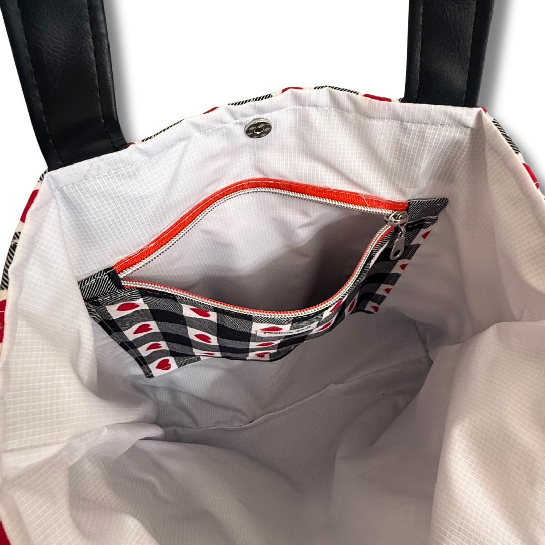 Buffalo Plaid & Red Heart Quilted Tote | Faux Leather Bottom