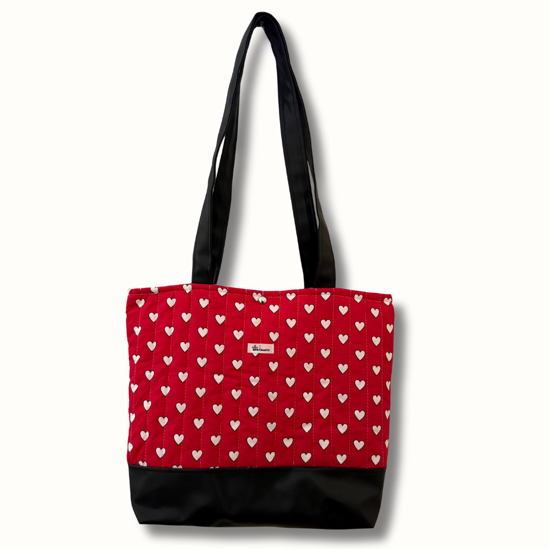 Red & White Heart Print Quilted Tote Bag | Faux Leather Base & Shoulder Straps
