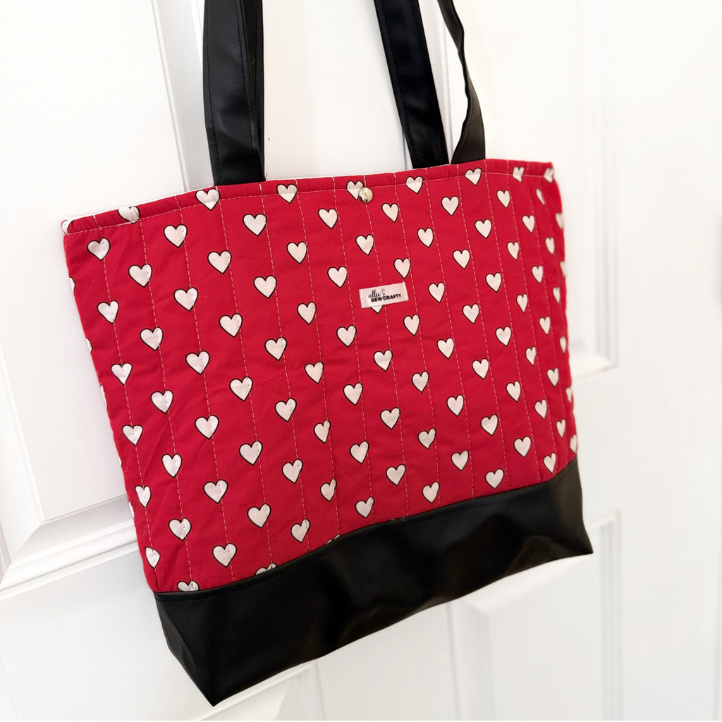 Red & White Heart Print Quilted Tote Bag | Faux Leather Base & Shoulder Straps