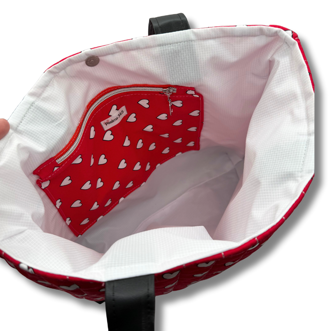 Red & White Heart Print Quilted Tote Bag | Faux Leather Base & Shoulder Straps