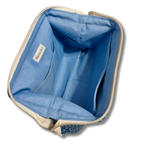 Open pouch with blue periwinkle lining and label that says Psalms 34:5 in a plain white background