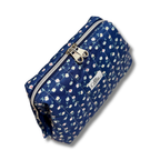 A navy blue quilted cosmetic pouch with a white and pink floral print, featuring a silver zipper and a white brand label that reads 'Allie Sew Crafty'