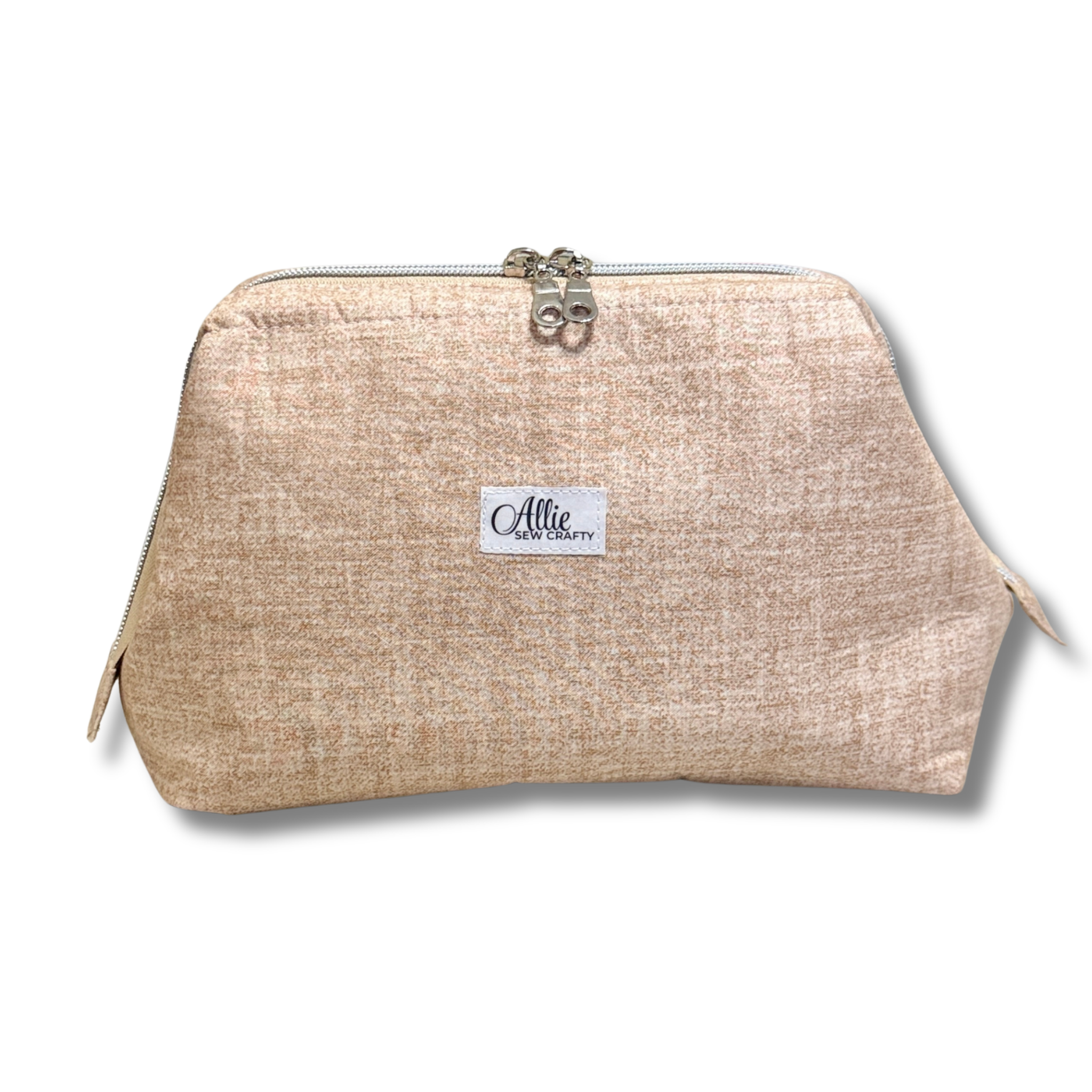 A textured beige cosmetic pouch with a silver zipper and a white brand label reading 'Allie Sew Crafty' in the center, shown on a white background.