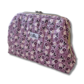 closed purple wildflower bunch quilted full view pouch, angled view, with tan zipper tape and Allie Sew Crafty white label.