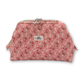 A pink floral makeup pouch with a silver zipper and a small 'Allie Sew Crafty' brand label on the front, set against a plain white background.