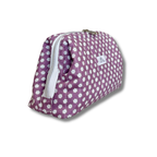 A purple and white floral patterned zippered pouch with a small white brand label on the side, shown on a plain white background.