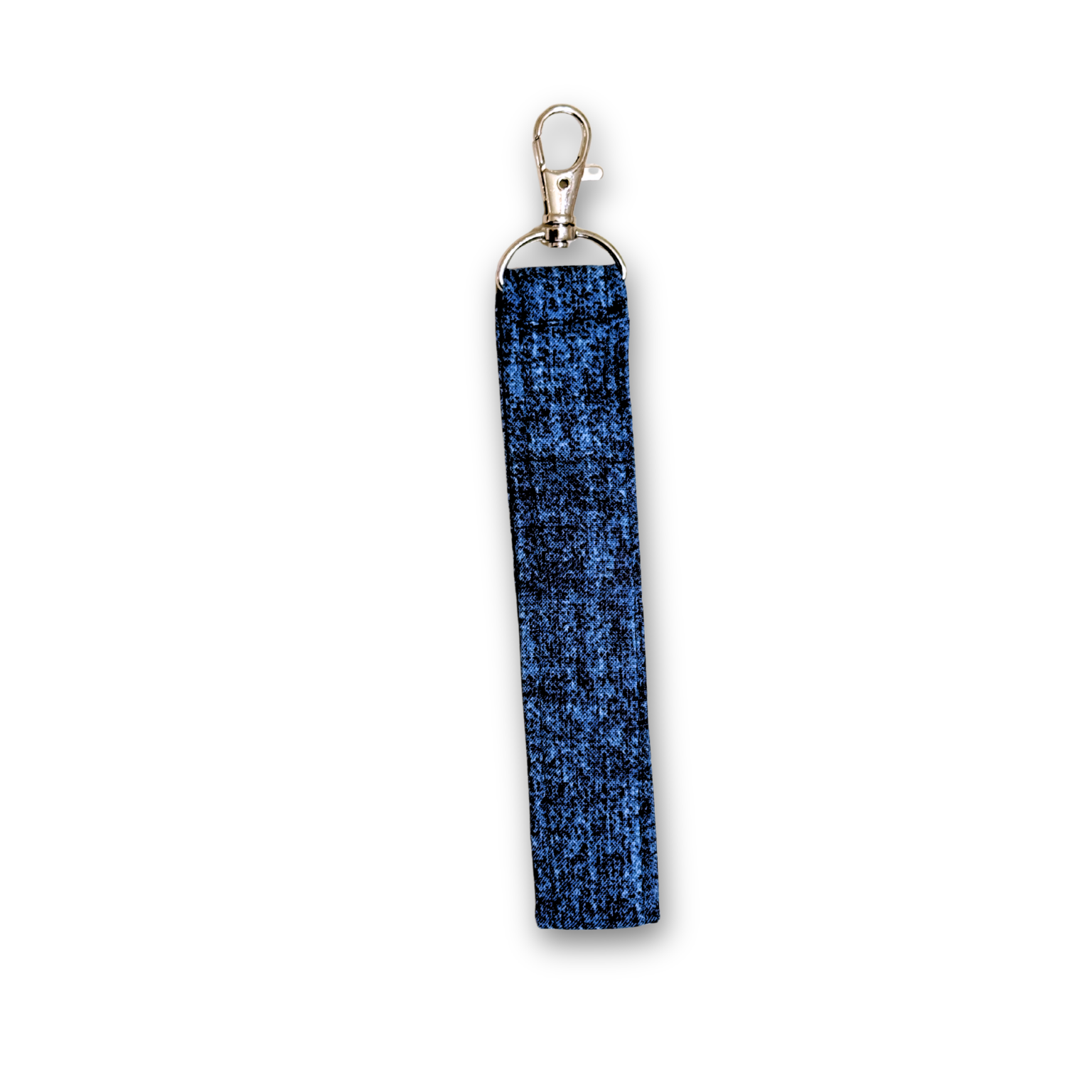 A rectangular blue textured fabric wrist strap or keychain accessory with a silver-tone metal lobster clasp at the top, shown on a plain white background.