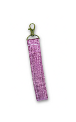 A purple glittery fabric wristlet strap with a gold-tone lobster clasp, shown on a plain white background.