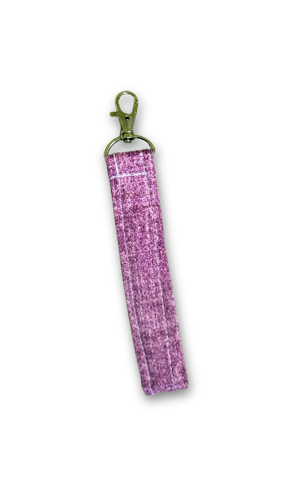 A purple glittery fabric wristlet strap with a gold-tone lobster clasp, shown on a plain white background.